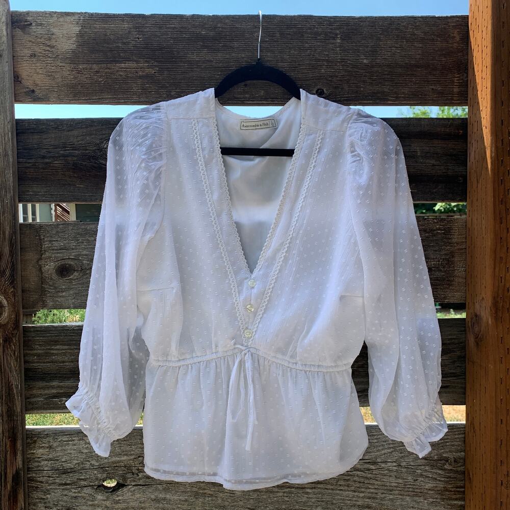 Abercrombie & Fitch White Blouse White V Neck Long Sleeve Boho Size Large